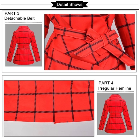 Trench Coat Women Turn Down Collar Wrap Coat Blend Grid Belted - Picture 4 of 5